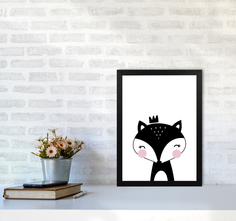 Scandi Black Fox With Crown Framed Nursey Wall Art Print A3 White Frame