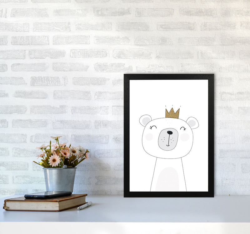 Scandi Cute Bear With Crown Framed Nursey Wall Art Print A3 White Frame