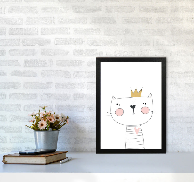 Scandi Cute Cat With Crown Framed Nursey Wall Art Print A3 White Frame