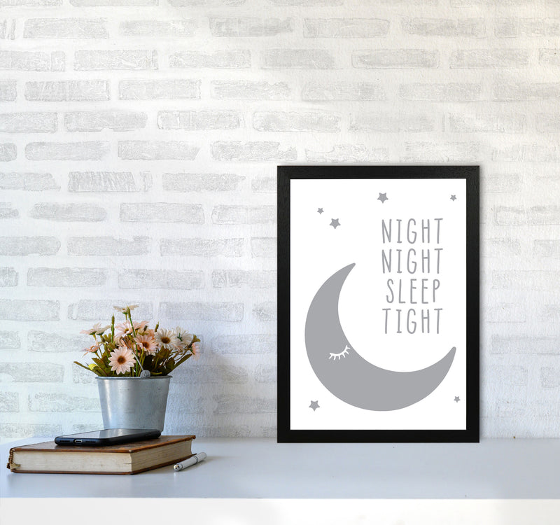 Night Night Moon Grey Framed Nursey Wall Art Print A3 White Frame