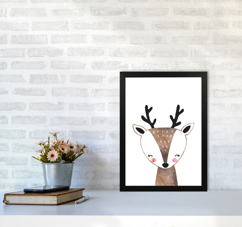 Scandi Brown Deer Watercolour Framed Nursey Wall Art Print A3 White Frame