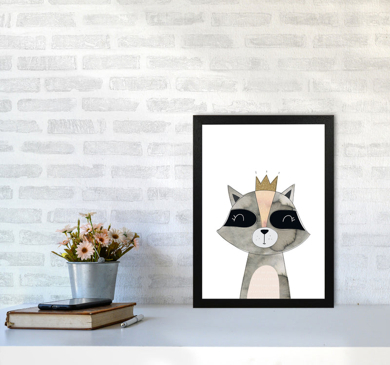 Scandi Grey Raccoon Watercolour Framed Nursey Wall Art Print A3 White Frame