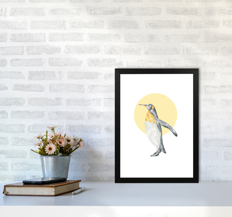 Watercolour Penguin With Yellow Circle Modern Print, Animal Art Print A3 White Frame