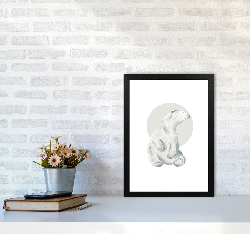 Watercolour Polar Bear With Grey Circle Modern Print, Animal Art Print A3 White Frame