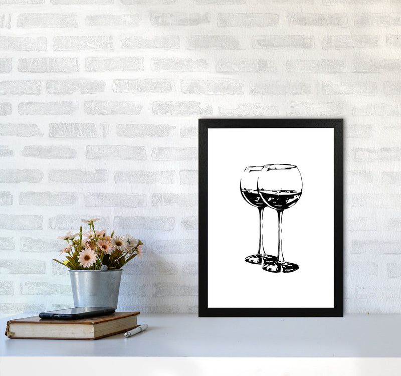 Black Wine Glasses Modern Print, Framed Kitchen Wall Art A3 White Frame