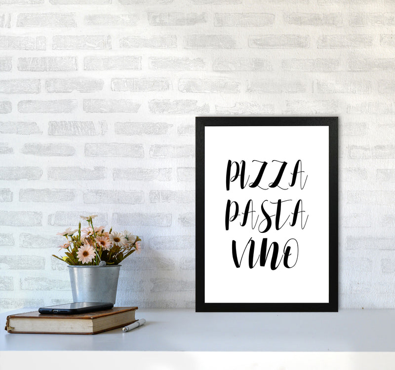 Pizza Pasta Vino Modern Print, Framed Kitchen Wall Art A3 White Frame