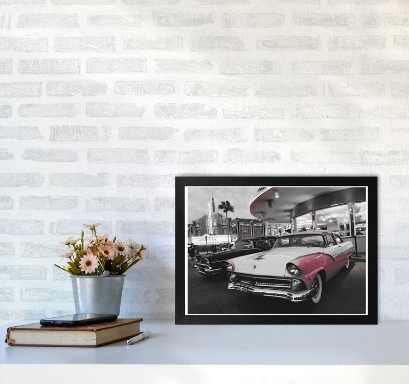 Vintage Pink And White Car Modern Print A3 White Frame