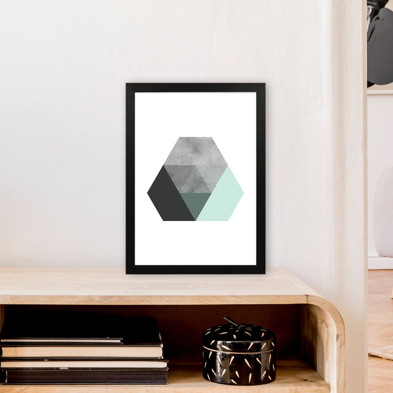 Geometric Mint And Black Hexagon  Art Print by Pixy Paper A3 White Frame