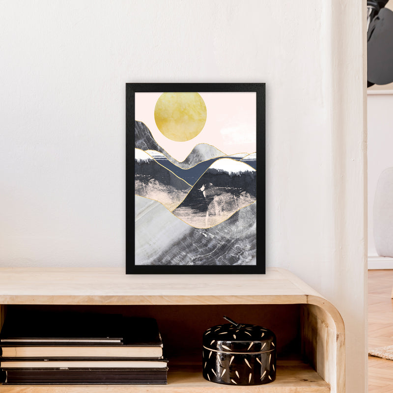 Gold Moon Navy Marble Mountains  Art Print by Pixy Paper A3 White Frame