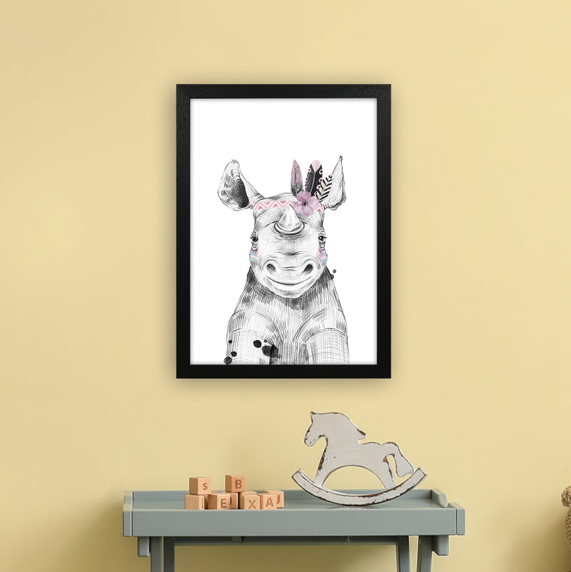 Safari Babies Rhino With Head Feathers  Art Print by Pixy Paper A3 White Frame