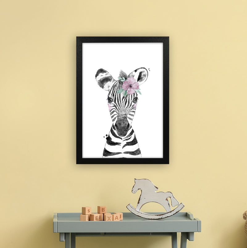 Safari Babies Zebra With Flower  Art Print by Pixy Paper A3 White Frame