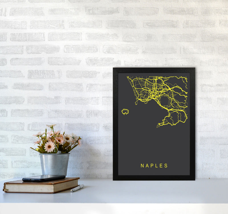 Naples Map Neon Art Print by Pixy Paper A3 White Frame
