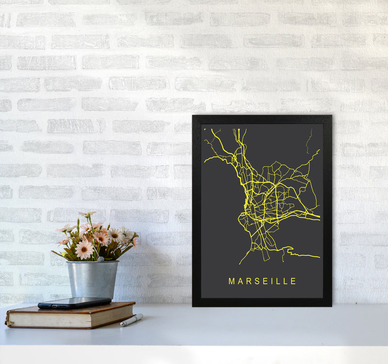 Marseille Map Neon Art Print by Pixy Paper A3 White Frame