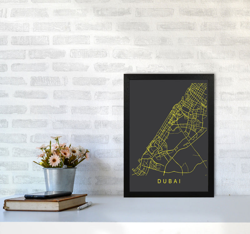 Dubai Map Neon Art Print by Pixy Paper A3 White Frame