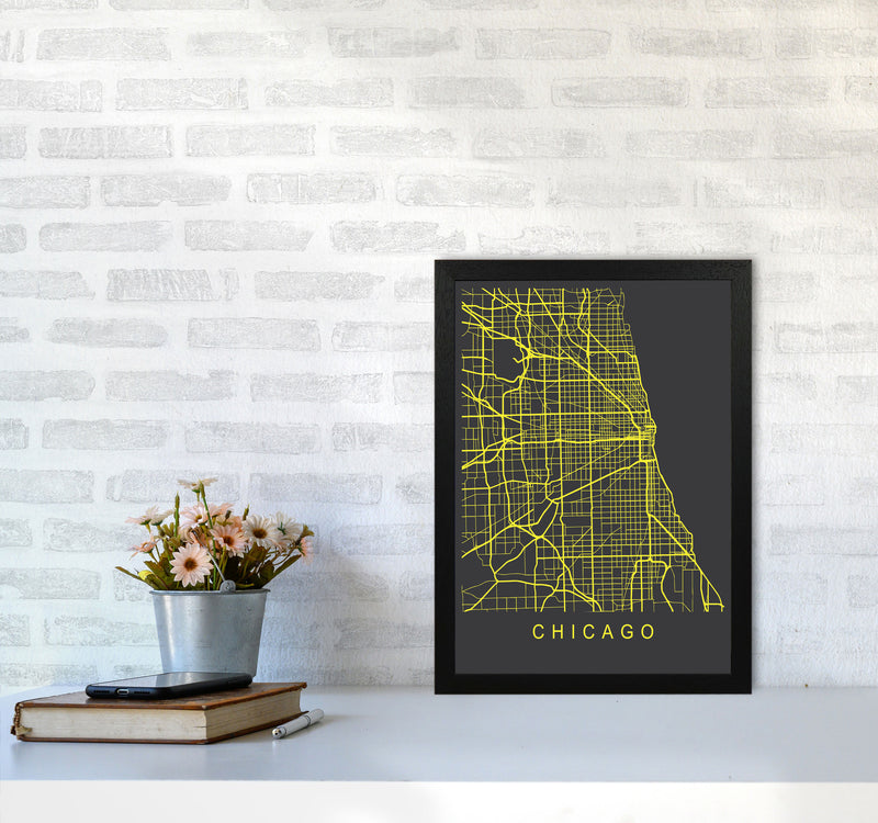 Chicago Map Neon Art Print by Pixy Paper A3 White Frame