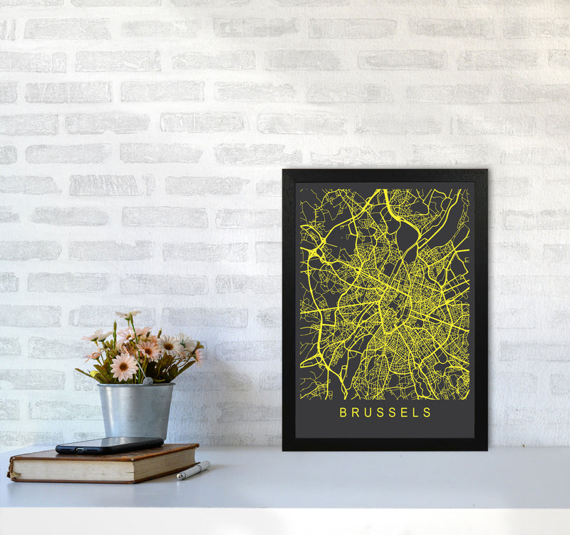 Brussels Map Neon Art Print by Pixy Paper A3 White Frame