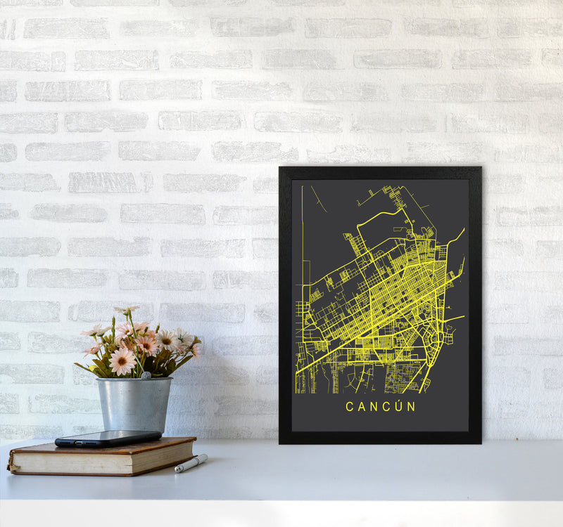 Cancun Map Neon Art Print by Pixy Paper A3 White Frame