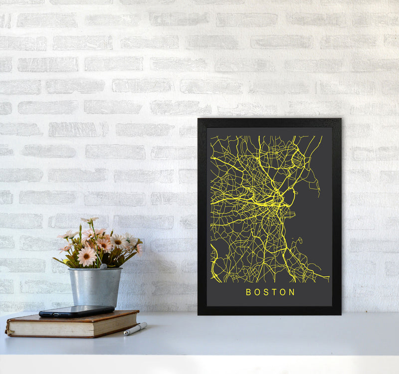 Boston Map Neon Art Print by Pixy Paper A3 White Frame