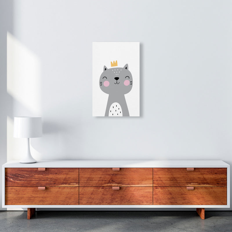 Grey Scandi Cat With Crown Modern Print Animal Art Print A3 Canvas