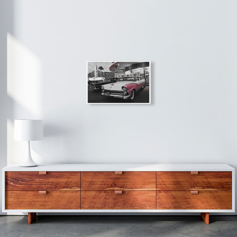 Vintage Pink And White Car Modern Print A3 Canvas