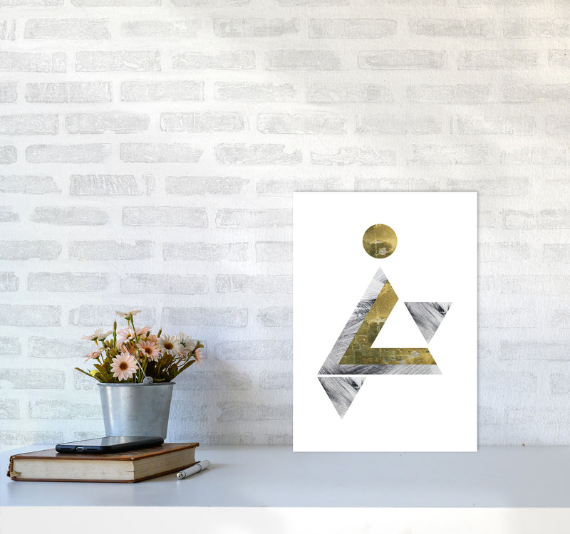 Gold And Grey Triangle With Moon Abstract Modern Print A3 Black Frame