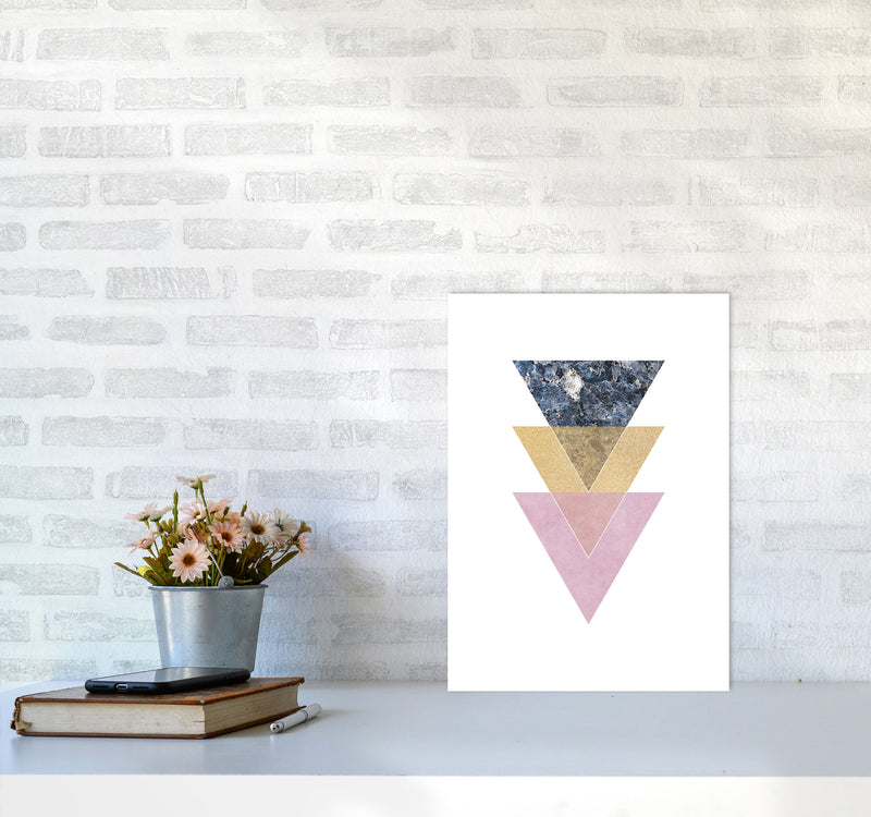 Blue, Gold And Pink Abstract Triangles Modern Print A3 Black Frame