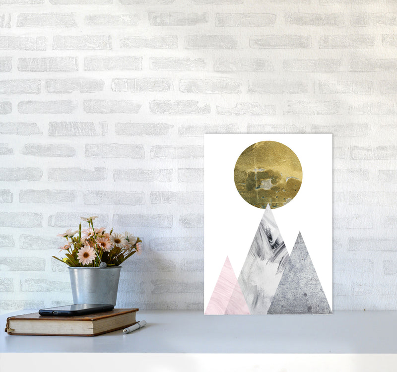 Pink And Grey Mountains Abstract Modern Print A3 Black Frame