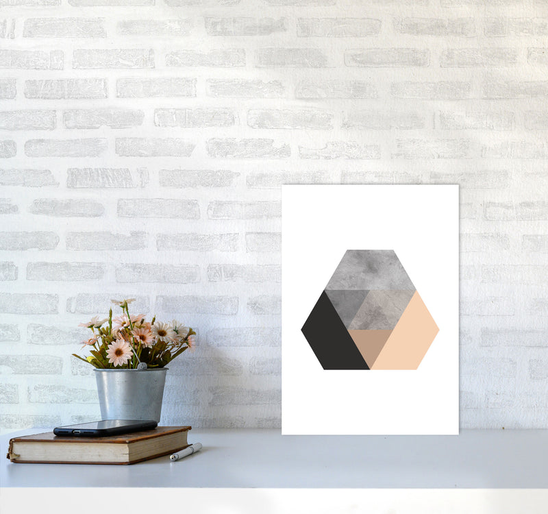 Peach And Black Abstract Hexagon Modern Print A3 Black Frame
