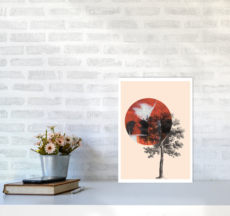 Red Sun And Tree Abstract Modern Print A3 Black Frame
