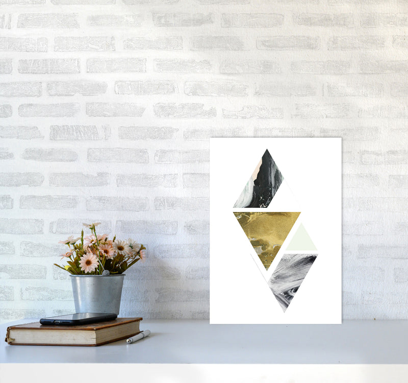 Textured Peach, Green And Grey Abstract Triangles Modern Print A3 Black Frame