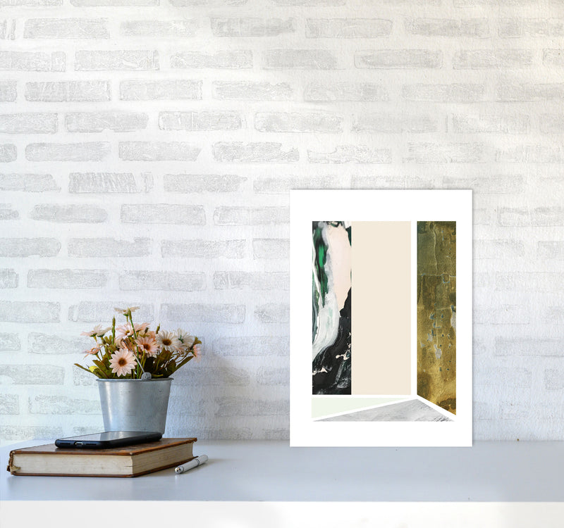 Textured Peach, Green And Grey Abstract Rectangle Shapes Modern Print A3 Black Frame