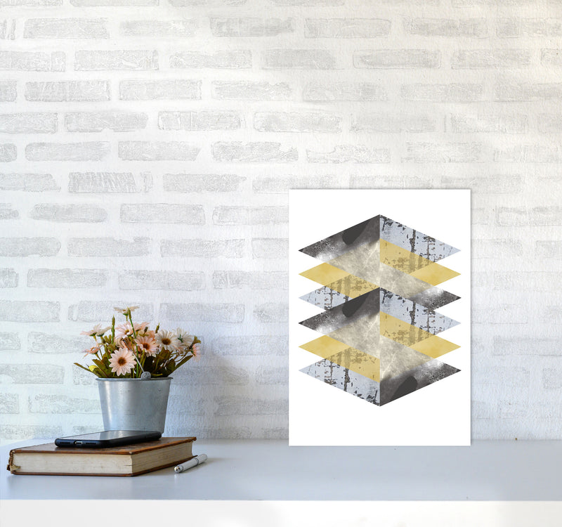 Scuff, Yellow And Grey Abstract Triangles Modern Print A3 Black Frame