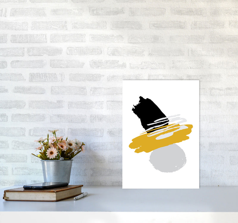 Mustard And Black Abstract Paint Shapes Modern Print A3 Black Frame