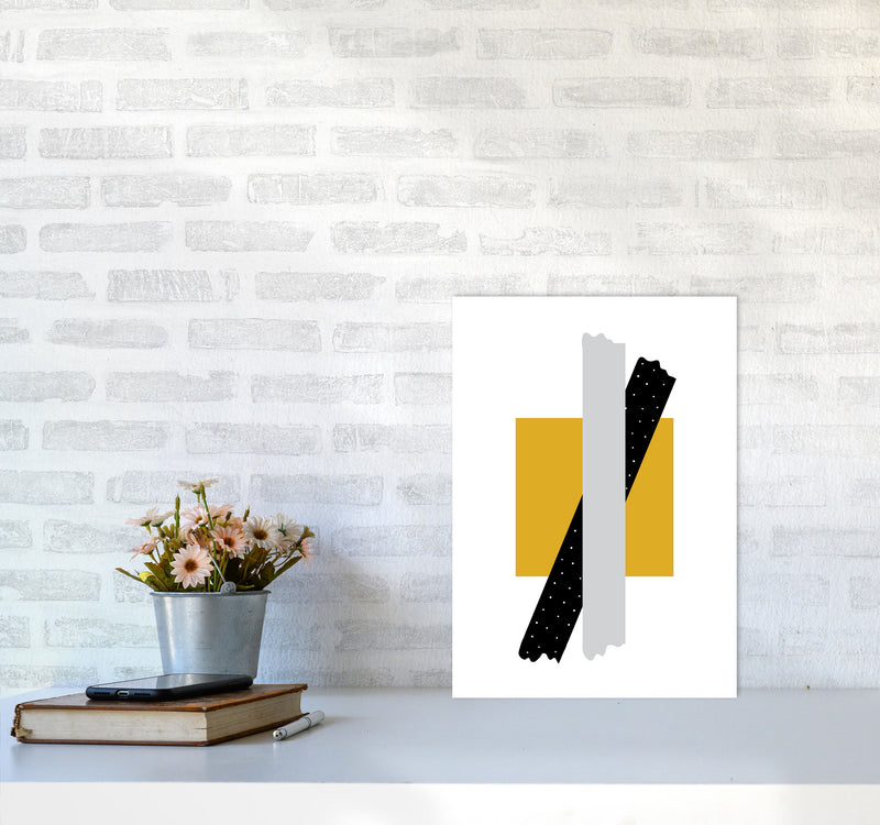 Yellow Square With Grey And Black Bow Abstract Modern Print A3 Black Frame
