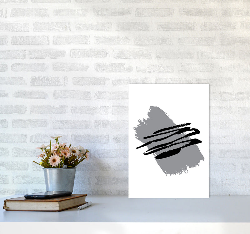 Grey Jaggered Paint Brush Abstract Modern Print A3 Black Frame