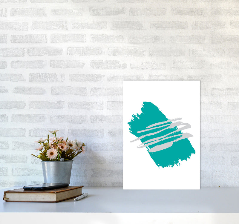 Teal Jaggered Paint Brush Abstract Modern Print A3 Black Frame