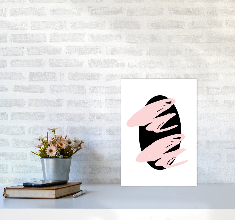 Abstract Black Oval With Pink Strokes Modern Art Print A3 Black Frame