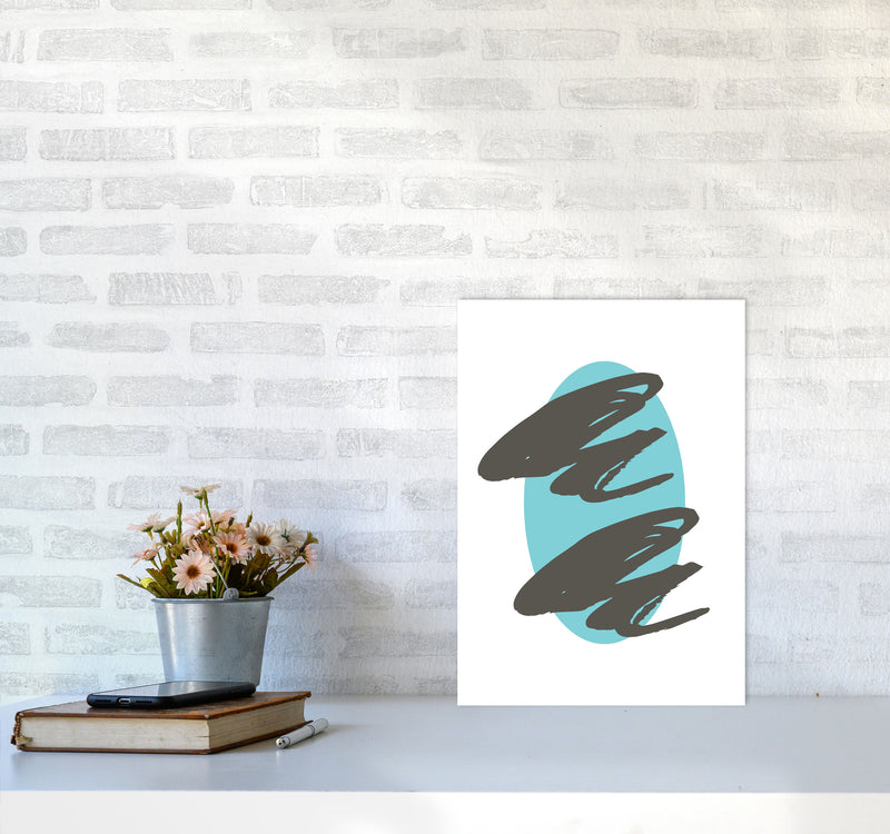 Abstract Teal Oval With Brown Strokes Modern Print A3 Black Frame
