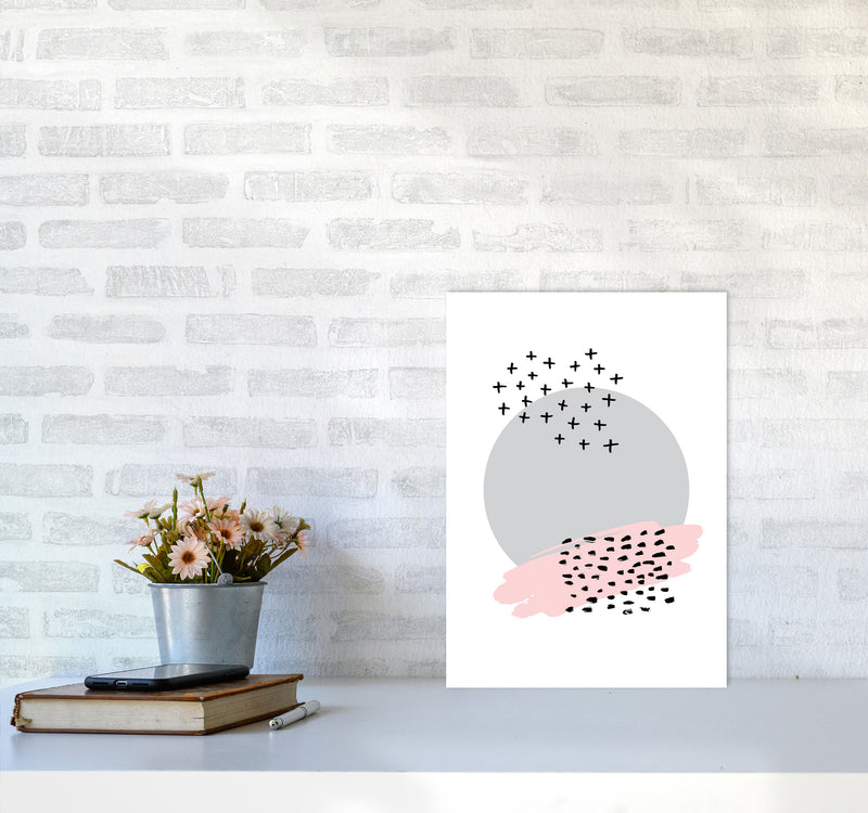 Abstract Grey Circle With Pink And Black Dashes Modern Print A3 Black Frame