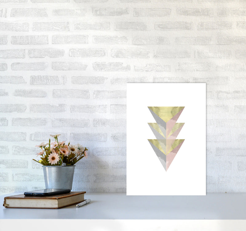 Gold, Pink And Grey Abstract Triangles Modern Print A3 Black Frame