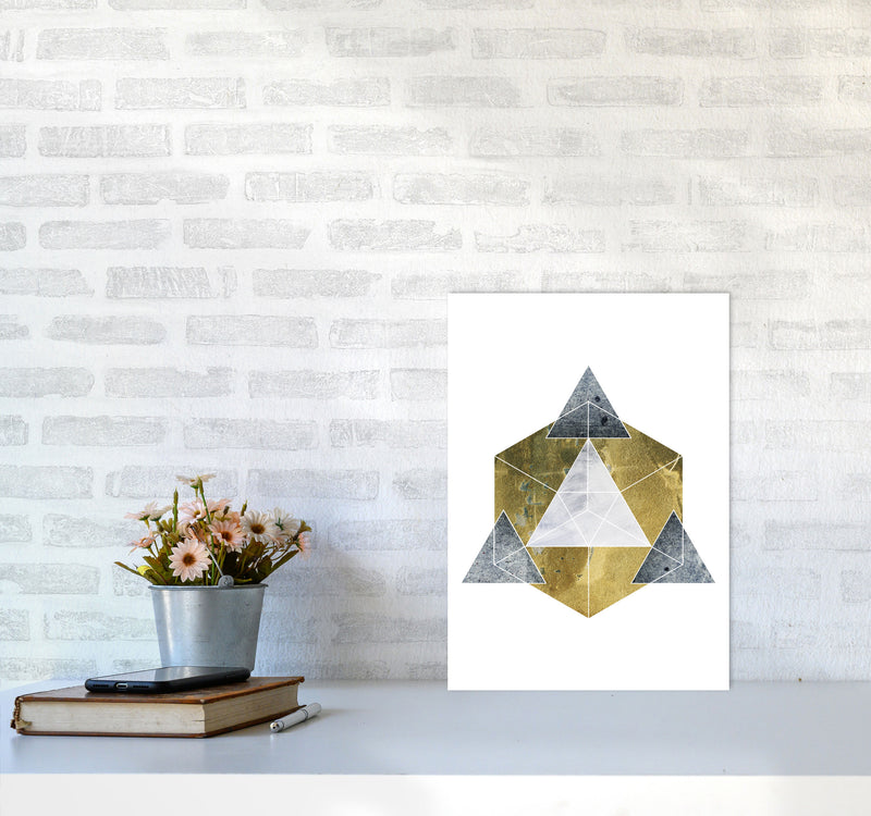 Gold Cube And Grey Geo Abstract Modern Print A3 Black Frame