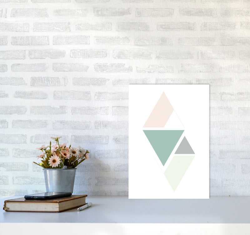 Peach, Green And Grey Abstract Triangles Modern Print A3 Black Frame