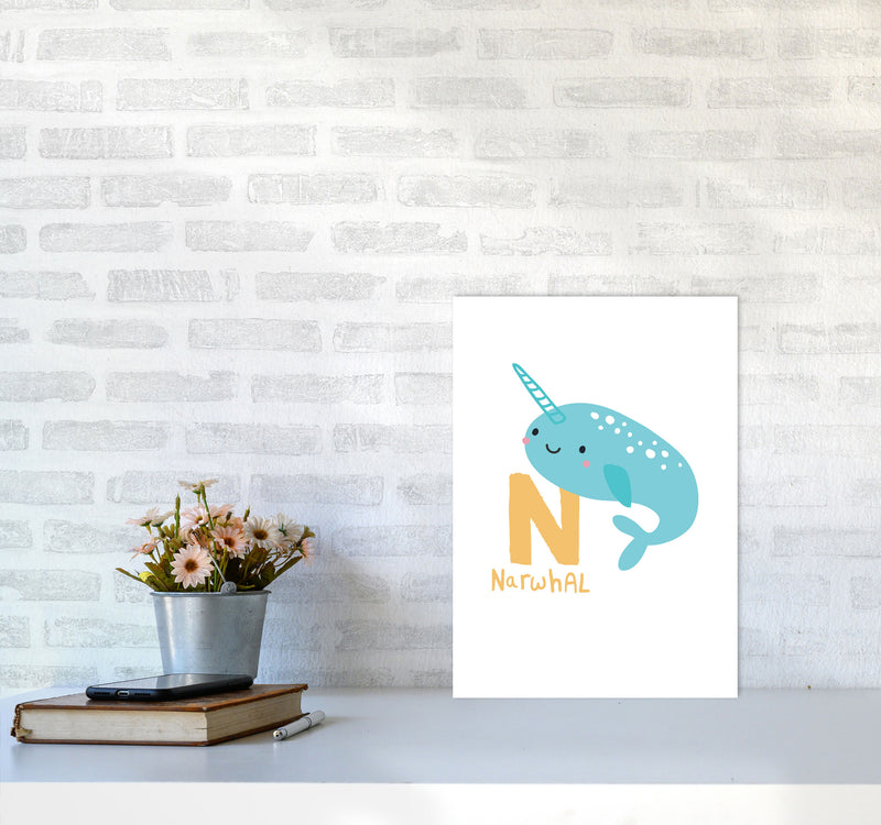 Alphabet Animals, N Is For Narwhal Framed Nursey Wall Art Print A3 Black Frame