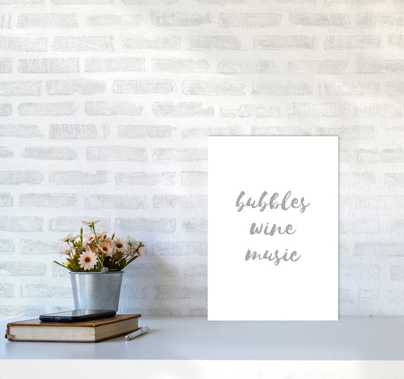 Bubbles Wine Music Grey, Bathroom Framed Typography Wall Art Print A3 Black Frame