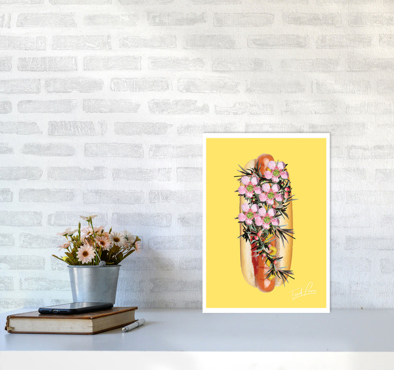 Yellow Hot Dog Food Print, Framed Kitchen Wall Art A3 Black Frame