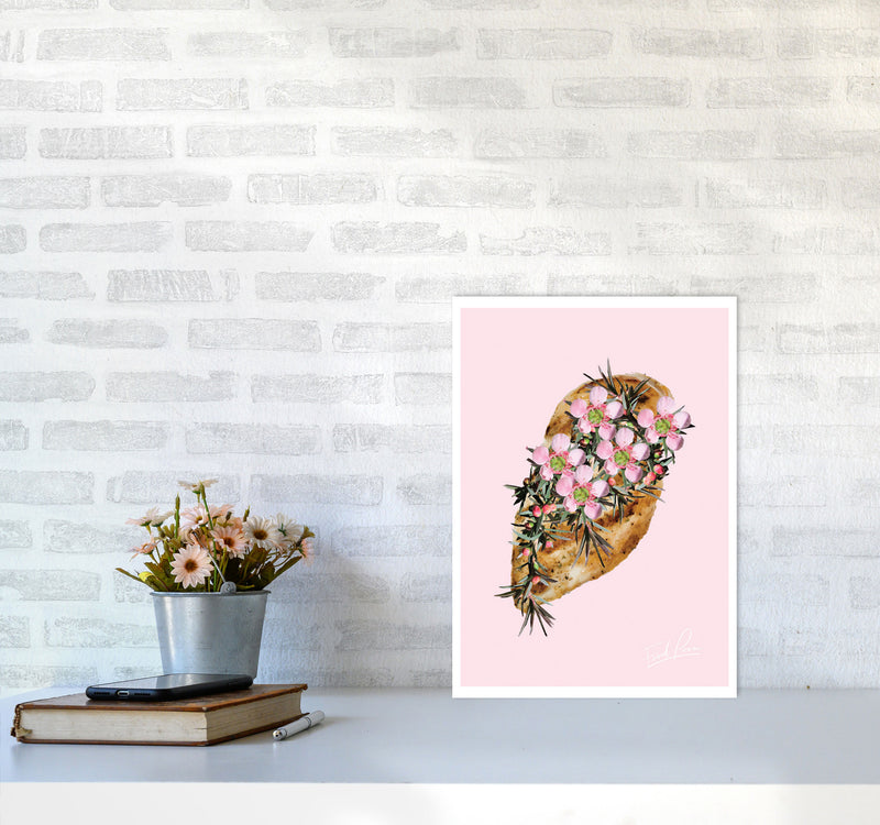 Pink Chicken Floral Food Print, Framed Kitchen Wall Art A3 Black Frame