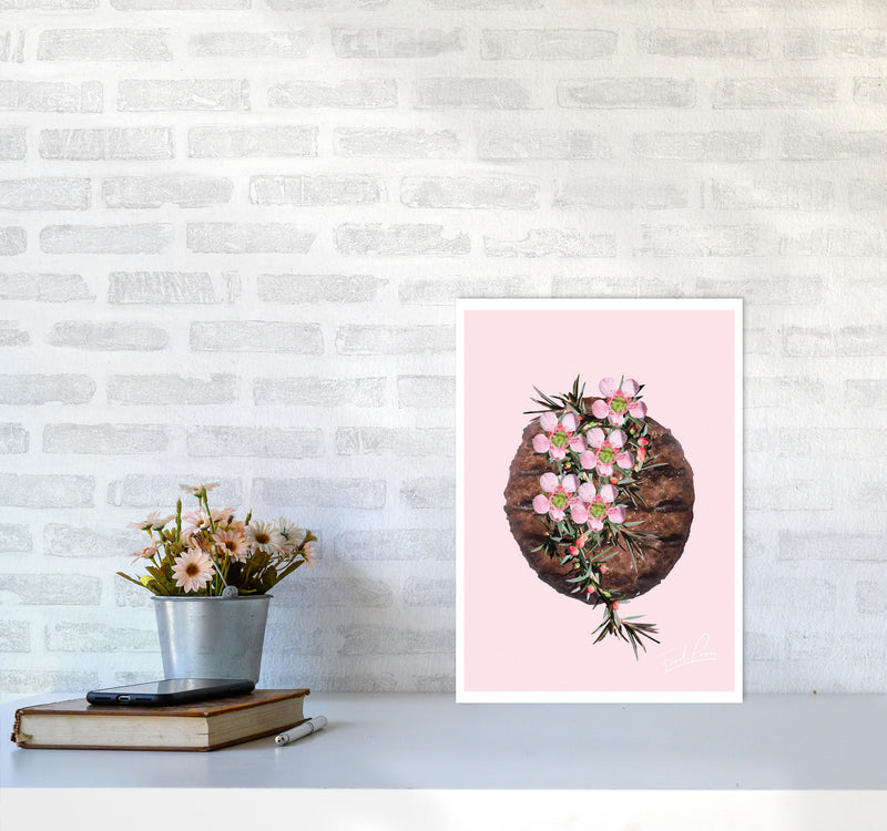 Pink Burger Floral Food Print, Framed Kitchen Wall Art A3 Black Frame