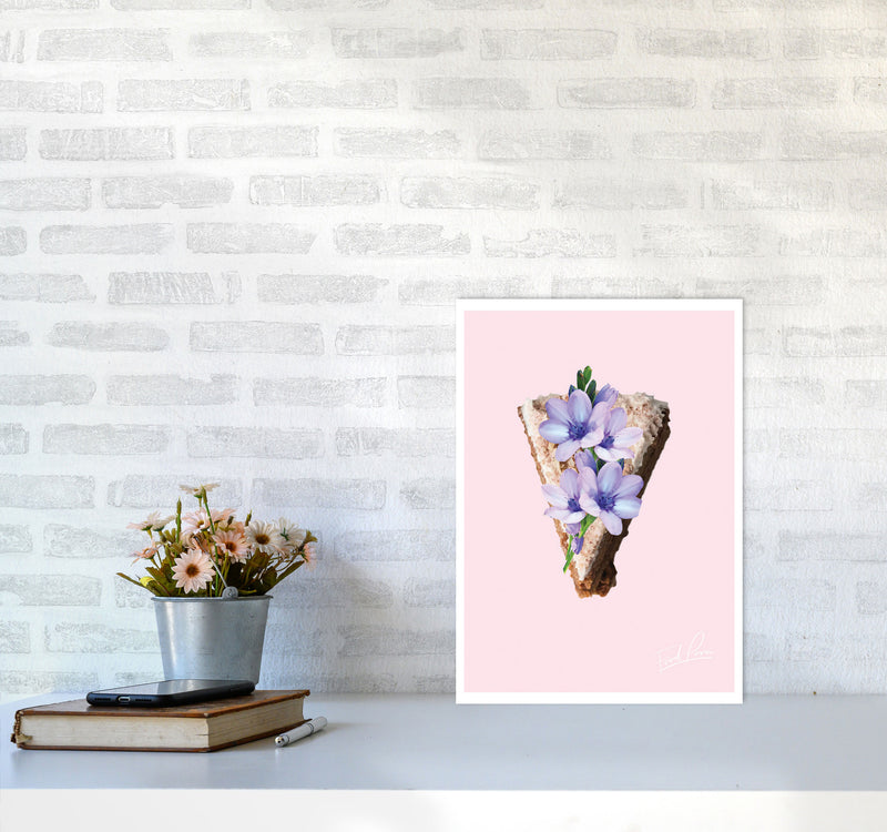 Pink Coffee Cake Floral Food Print, Framed Kitchen Wall Art A3 Black Frame