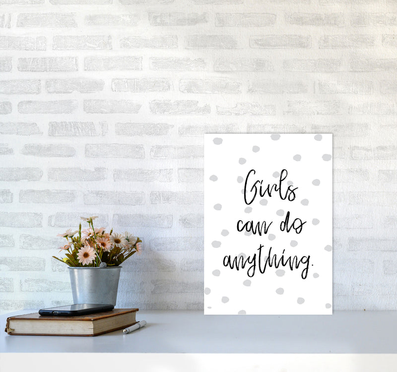 Girls Can Do Anything Grey Polka Dots Framed Typography Wall Art Print A3 Black Frame