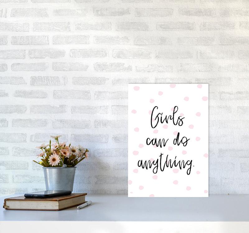 Girls Can Do Anything Pink Polka Dots Framed Typography Wall Art Print A3 Black Frame